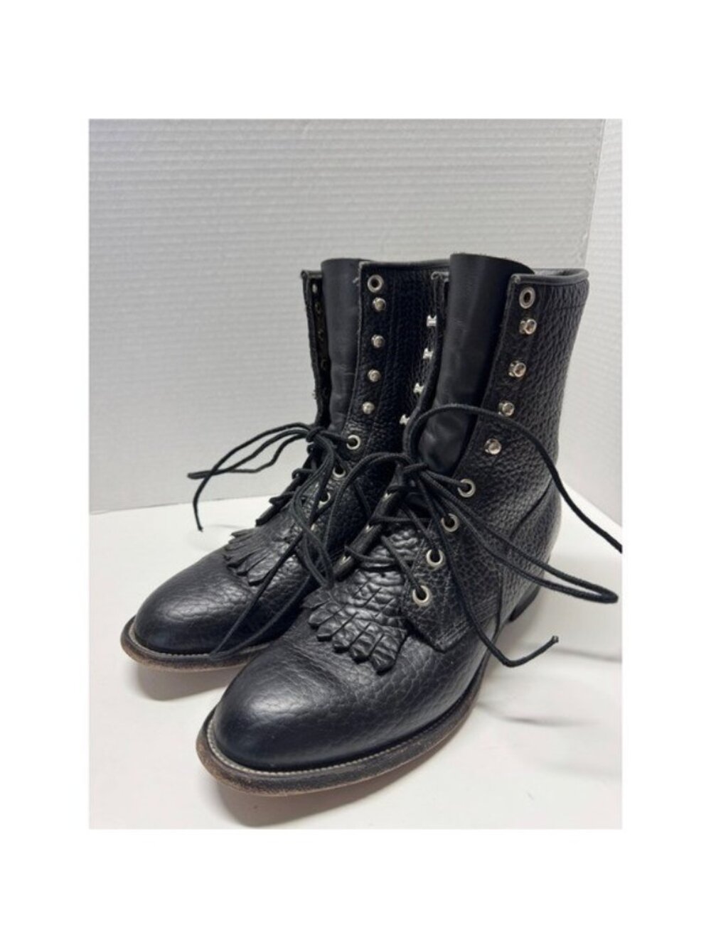 Justin Mens Black Pebbled Leather Lace Up Kiltie Roper Boots 522 USA 7.5 C